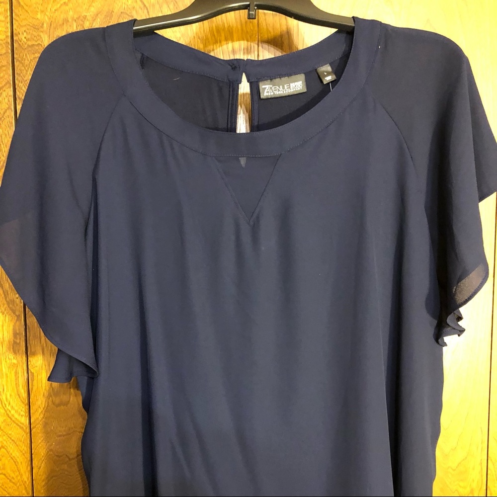 NWT 7th Ave Design Studio Large Navy Short-Sleeve Ruffle Blouse